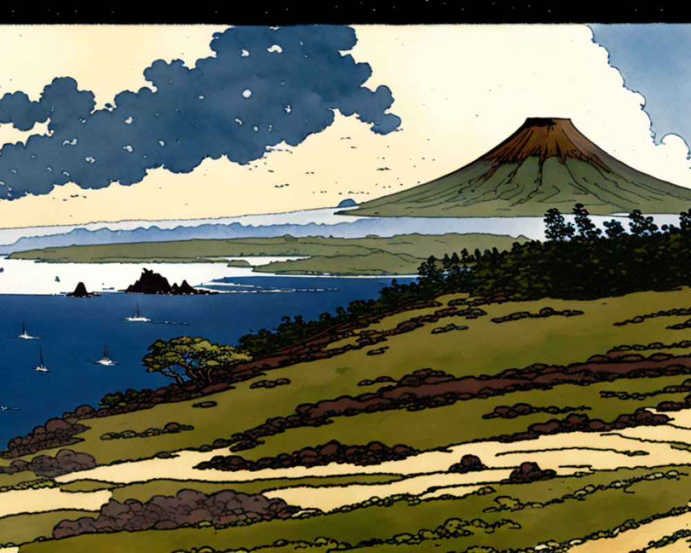 Illustration of serene landscape with volcano, sailboats, and rolling hills