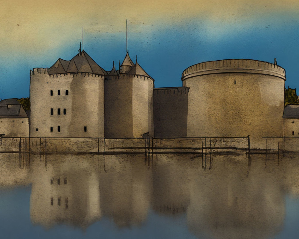 Medieval castle with towers reflected in water, vintage muted color palette