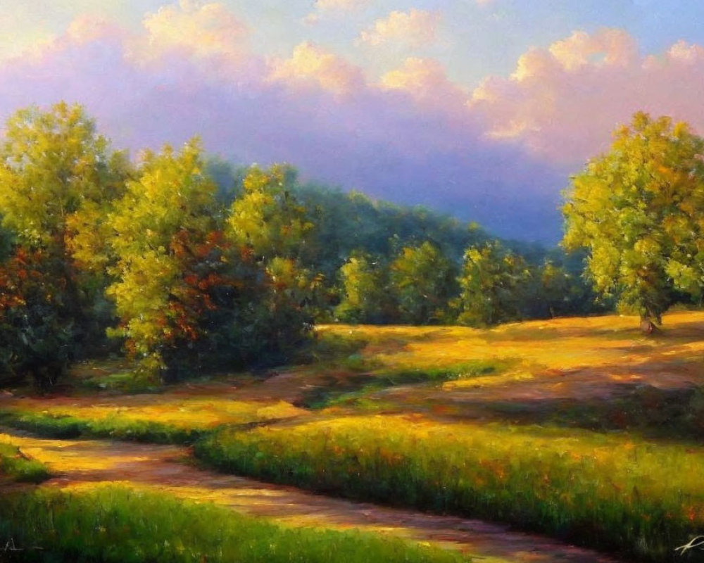 Tranquil landscape painting of sunlit path through lush meadow