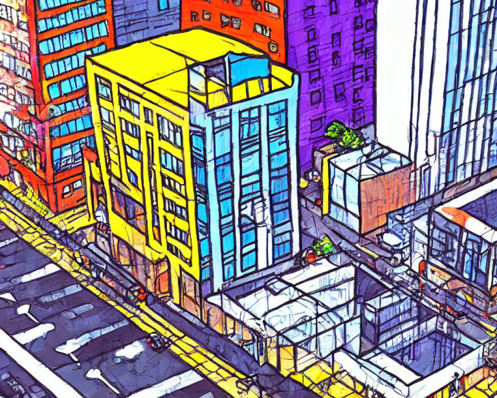 Colorful illustration of vibrant city street with exaggerated buildings