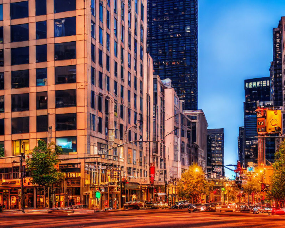 Cityscape with illuminated buildings, busy streets, traffic lights, and blue sky blending into urban lights.