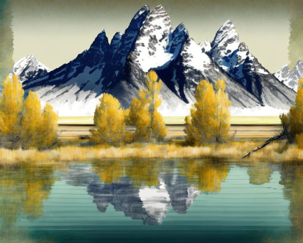 Golden Trees, Calm Lake, Snow-Capped Mountains: Autumnal Scene