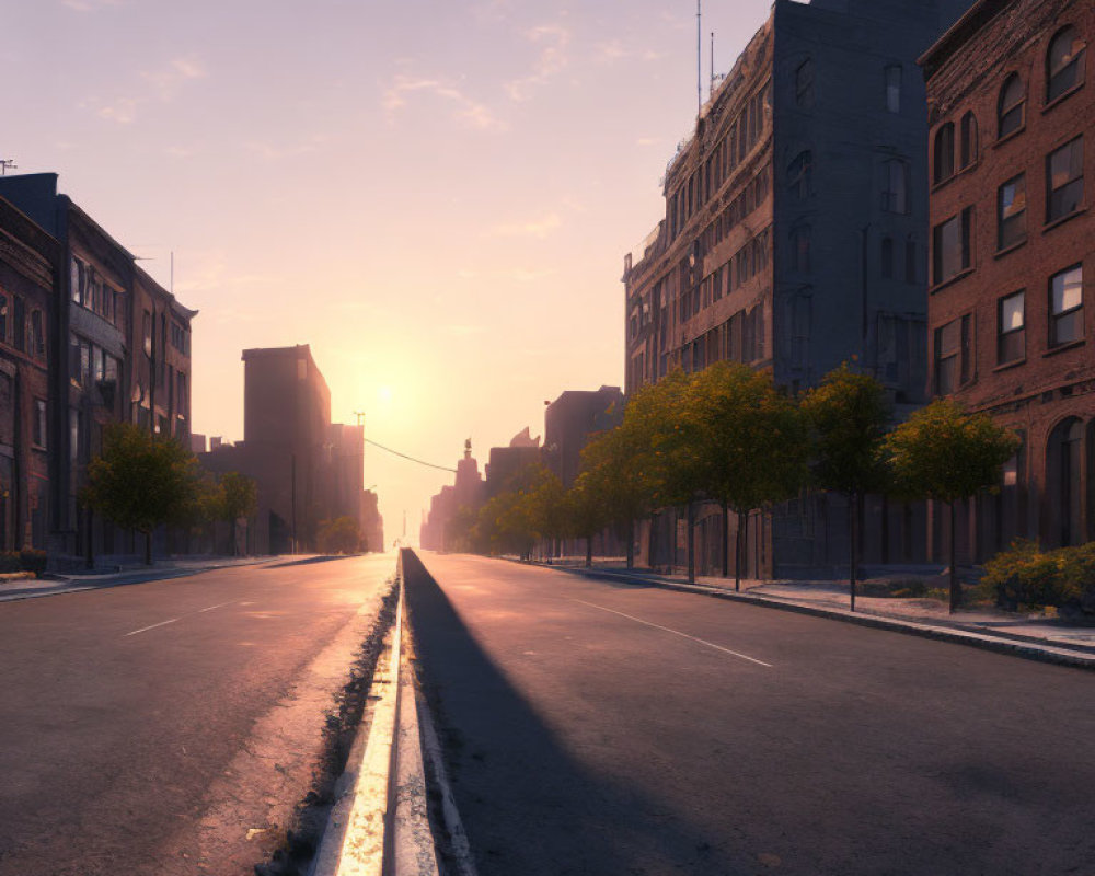 Empty Urban Street at Sunrise with Long Shadows