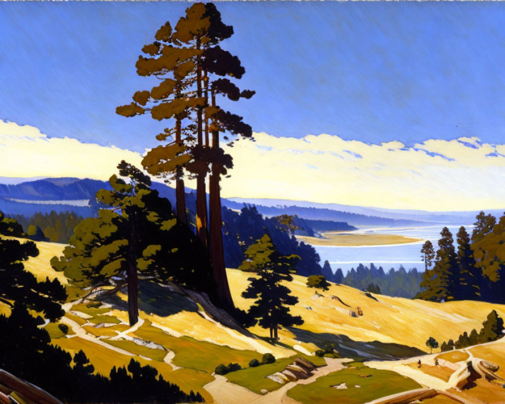 Scenic landscape painting of conifer trees on sunlit hillside