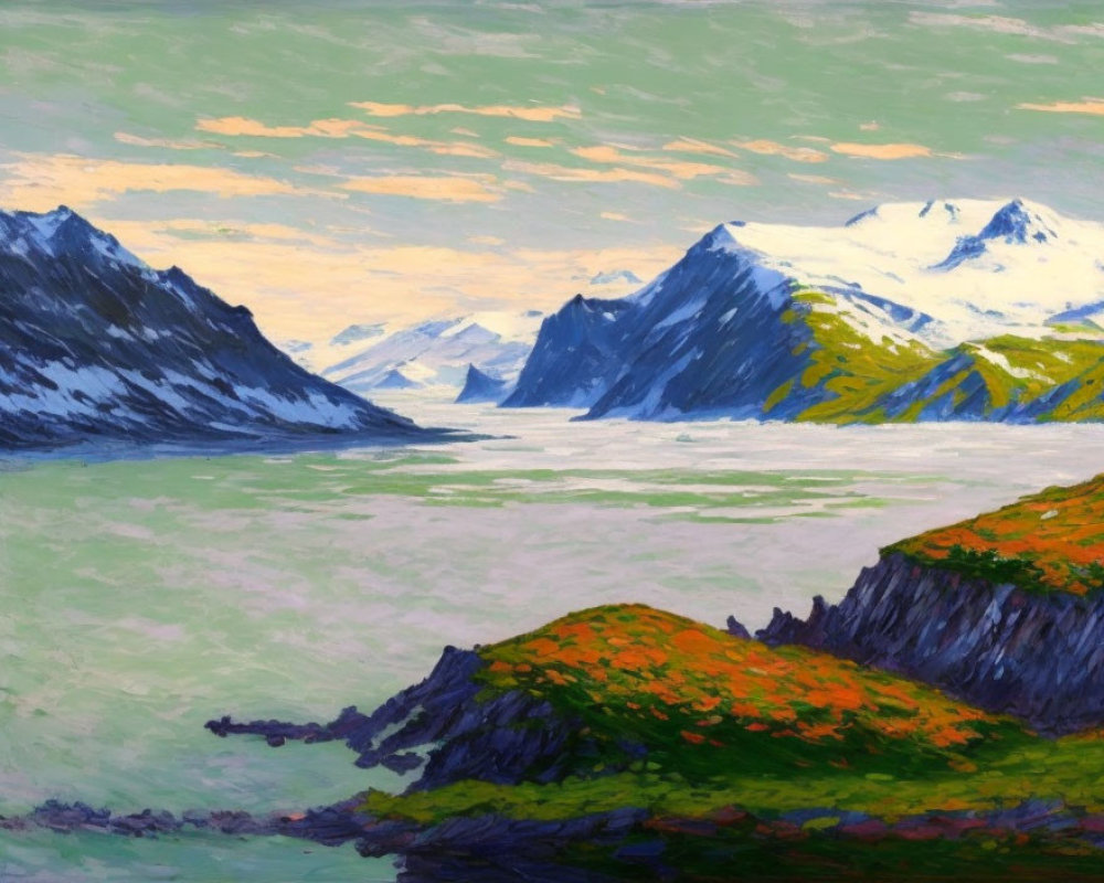 Mountainous Landscape Painting with Snow-Capped Peaks and Serene Lake