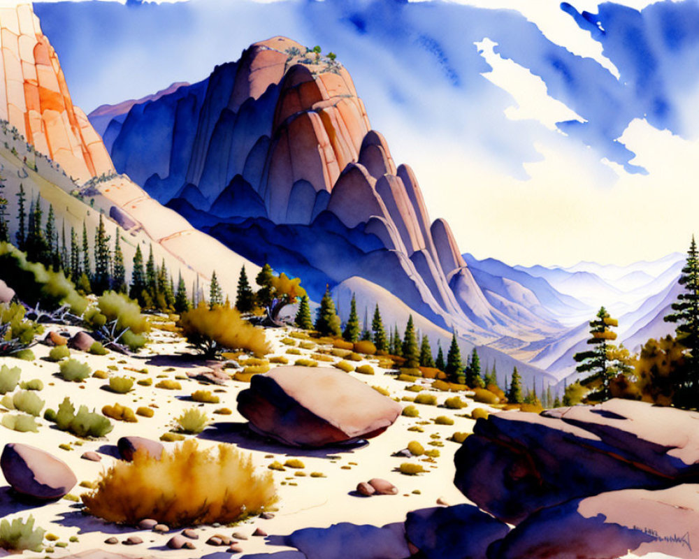 Rocky desert landscape watercolor painting with cliffs and boulders.