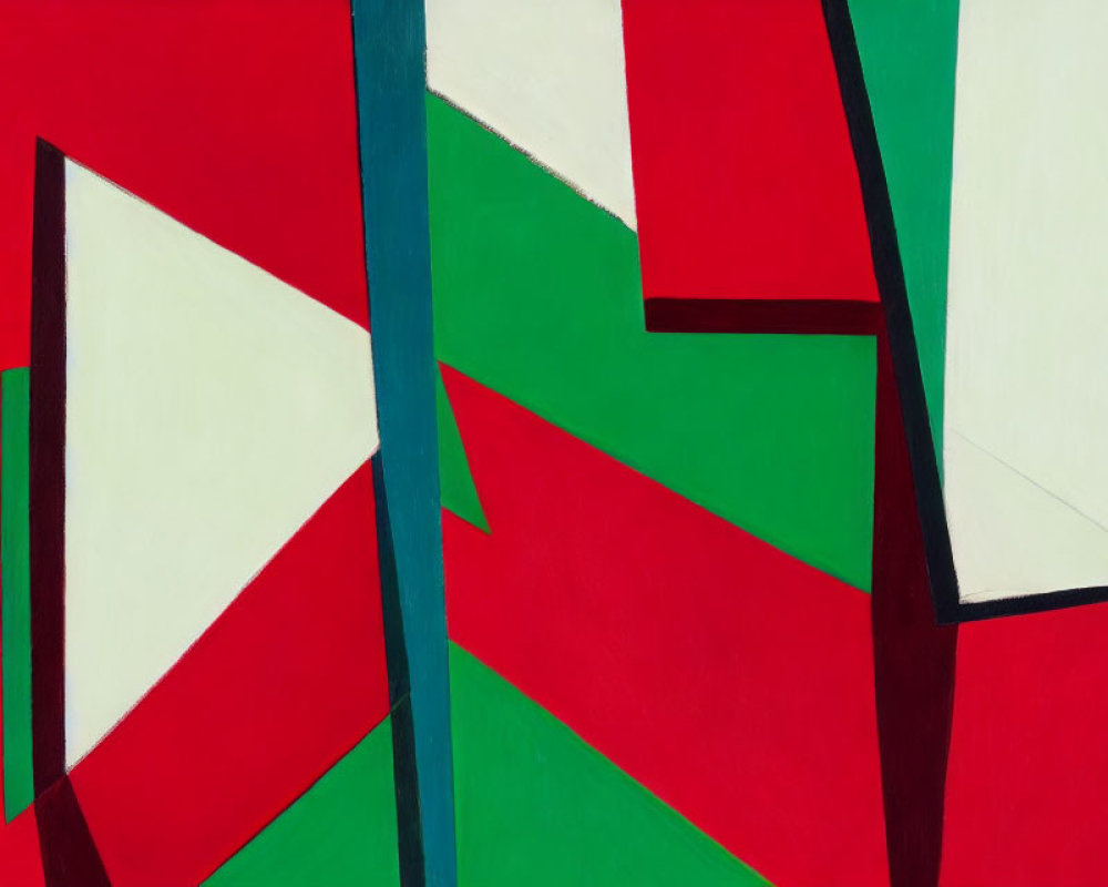 Geometric abstract painting in red, white, and green on green background