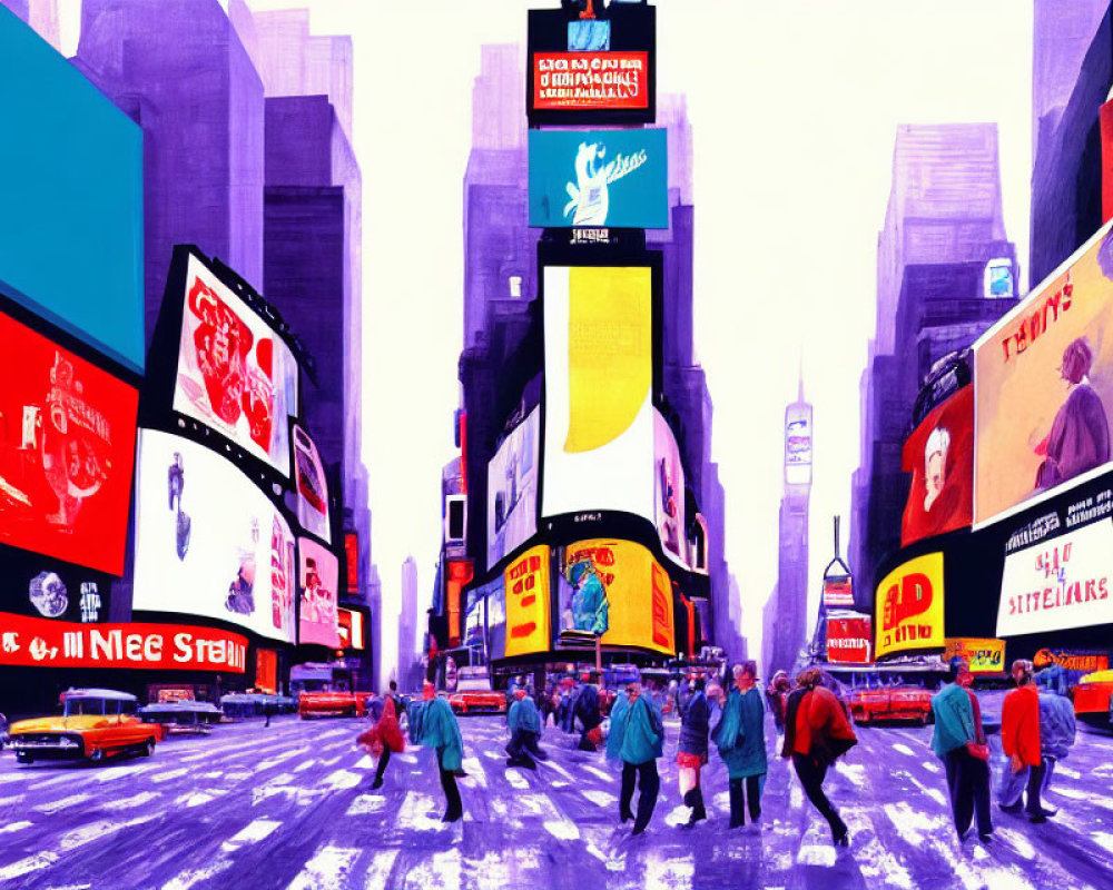 Colorful Times Square scene with pedestrians and illuminated billboards.