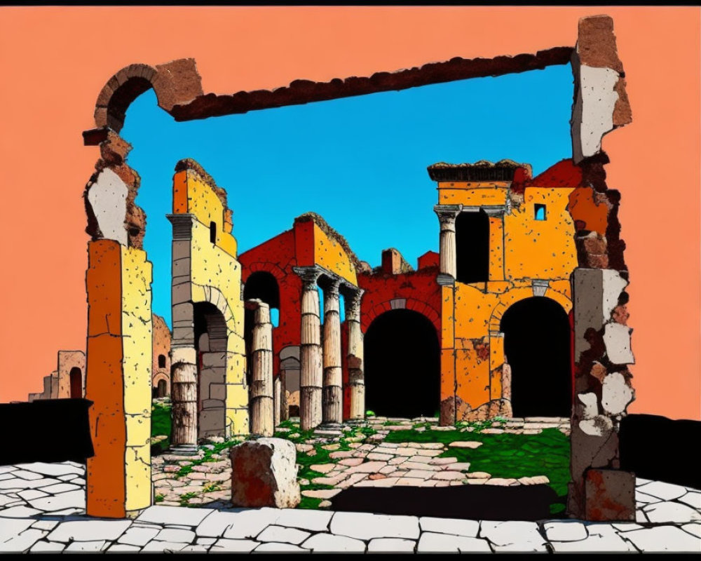 Colorful Ancient Ruins: Columns, Archways, & Walls Under Blue Sky