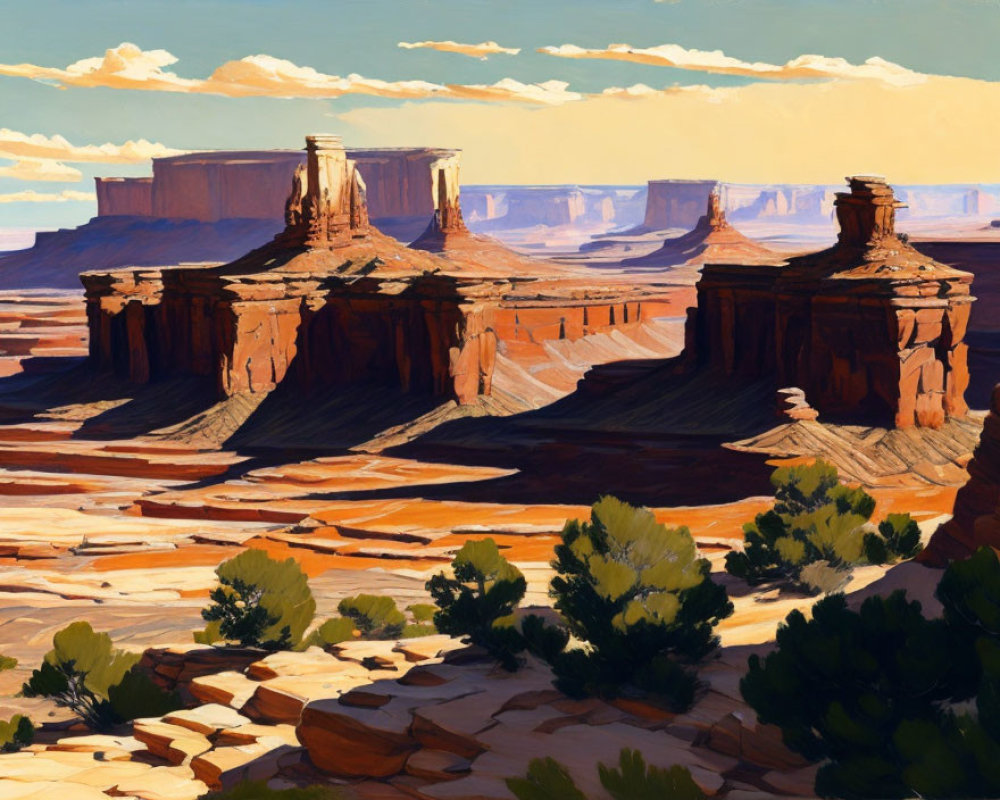 Desert landscape painting of Monument Valley's red sandstone buttes