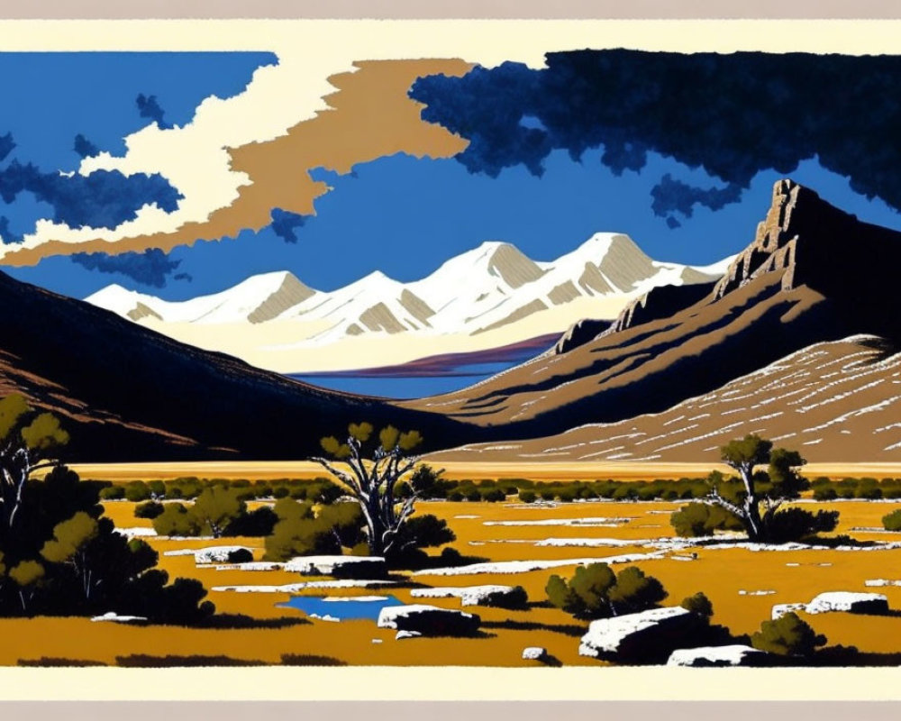 Scenic landscape illustration with mountains, trees, and water under blue sky