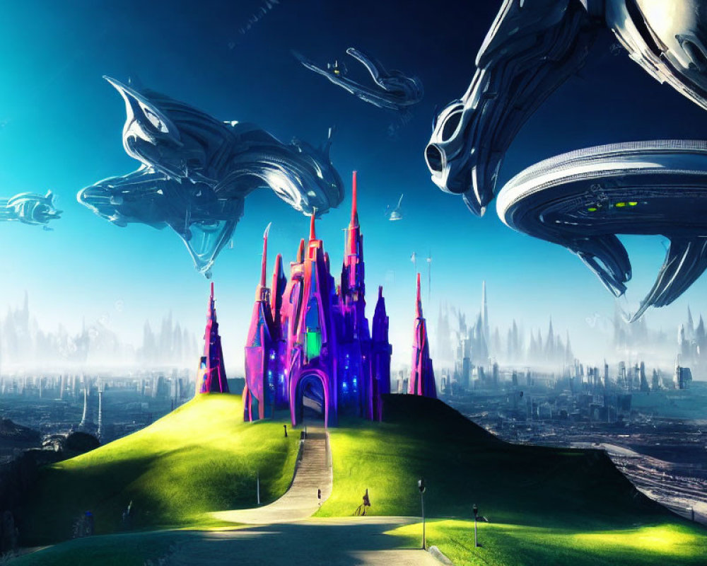 Futuristic cityscape with neon-lit spire buildings, flying ships, and vast urban backdrop