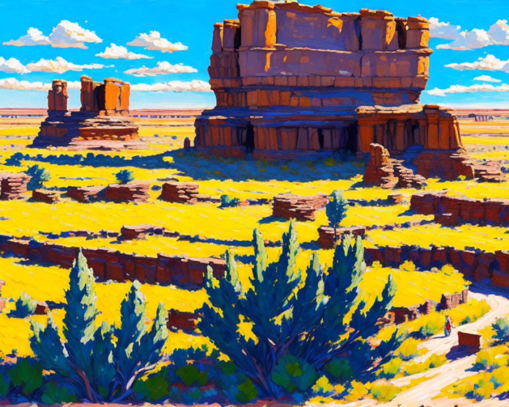 Desert landscape painting with rock formations and wildflowers