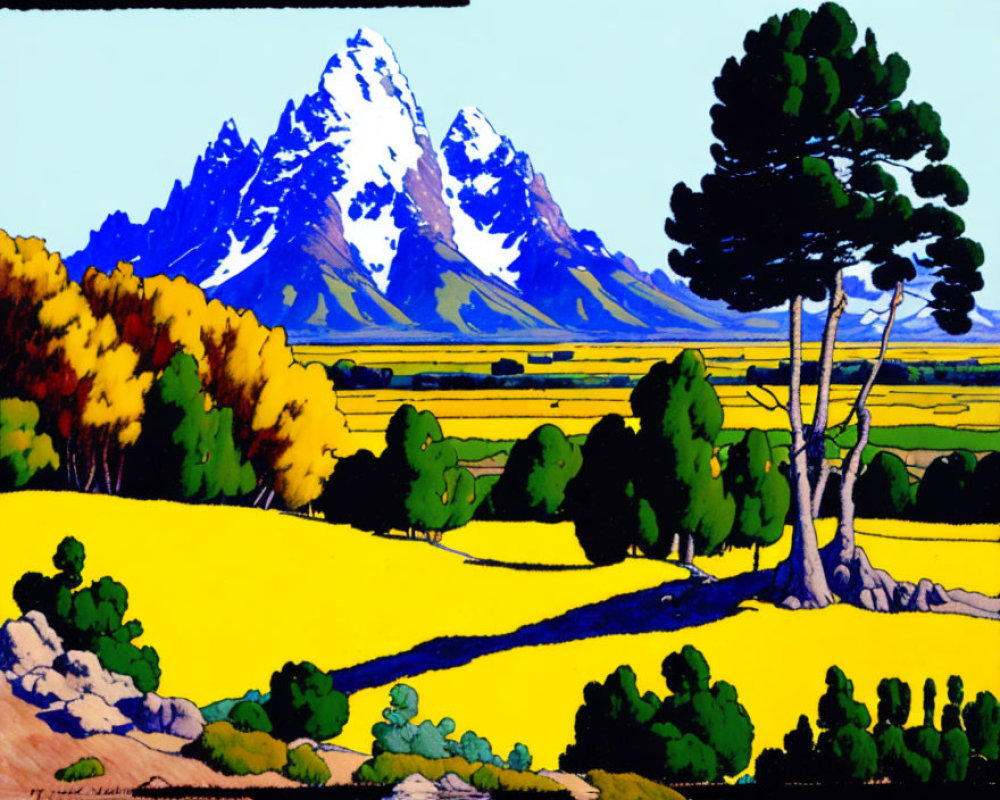 Scenic landscape with snow-capped mountains, diverse trees, and yellow flowers