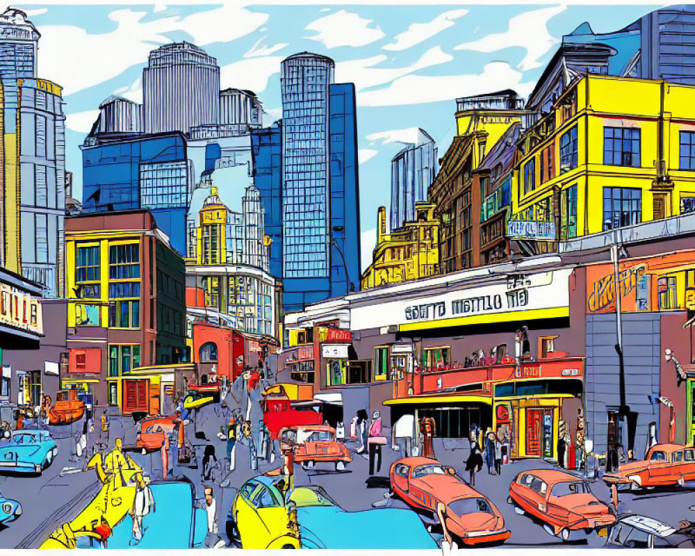 Colorful cartoon-style city street illustration with vibrant buildings, cars, and pedestrians.