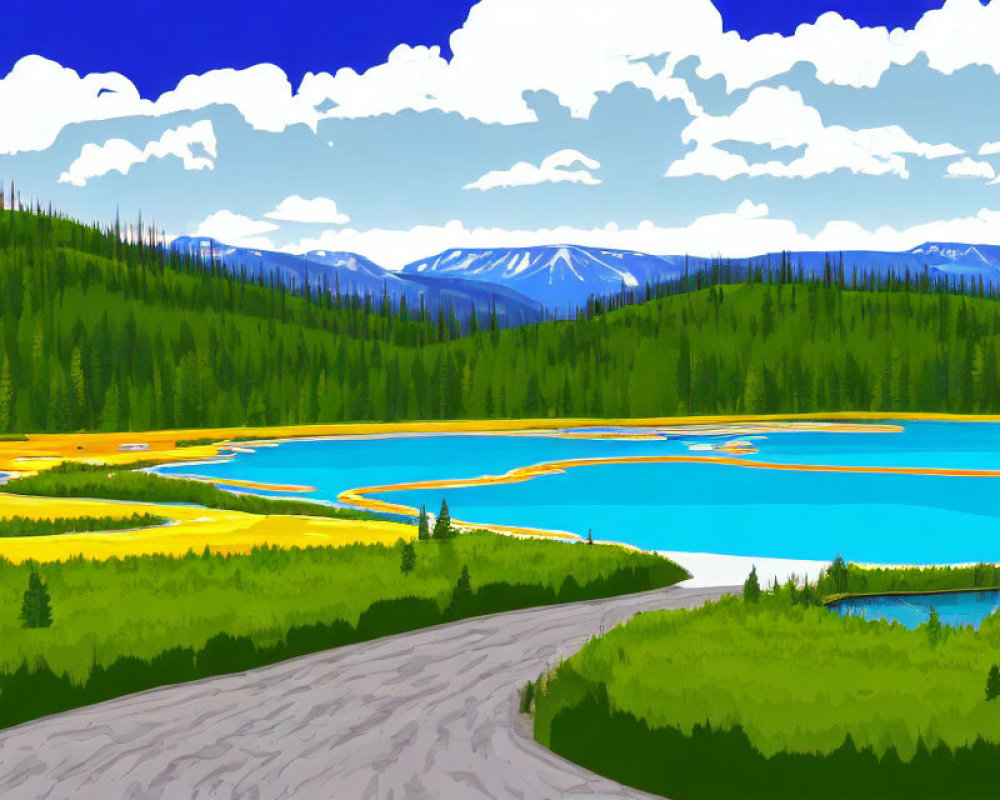 Scenic lake with meandering road, green forests, and mountains