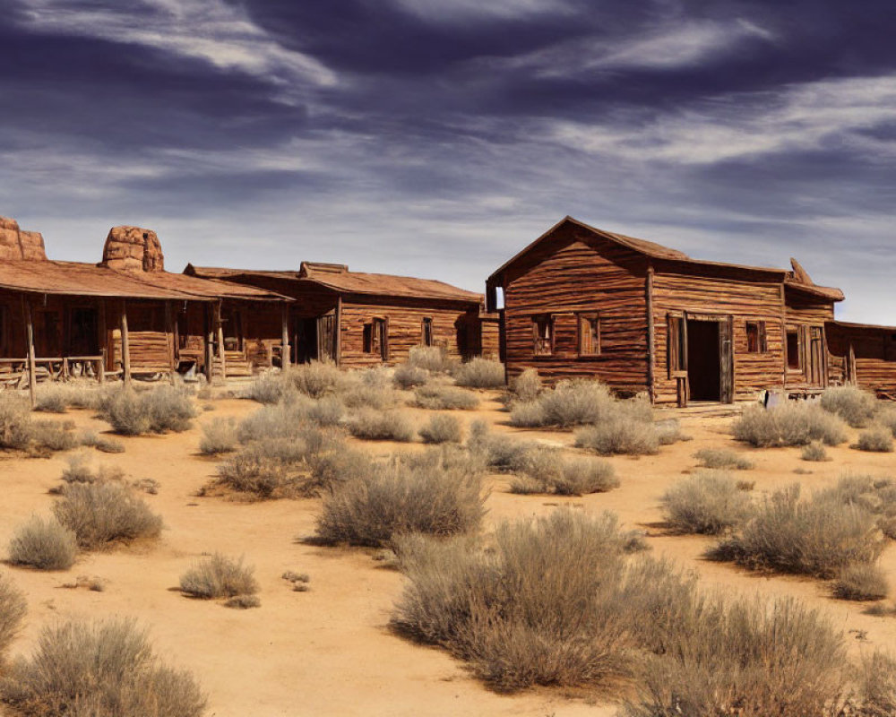 Desert scene: Old western wooden buildings, cloudy sky, shrubs, rock formations