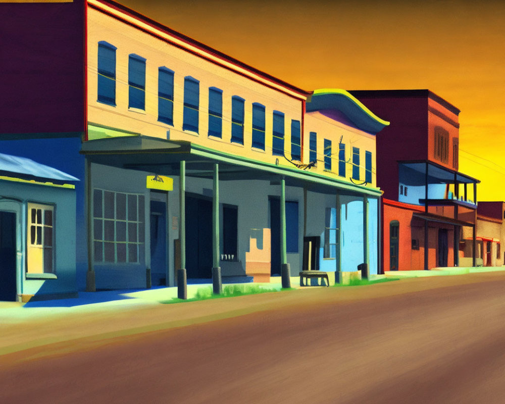 Colorful Illustration: Small Town Street with Vintage Buildings at Sunset