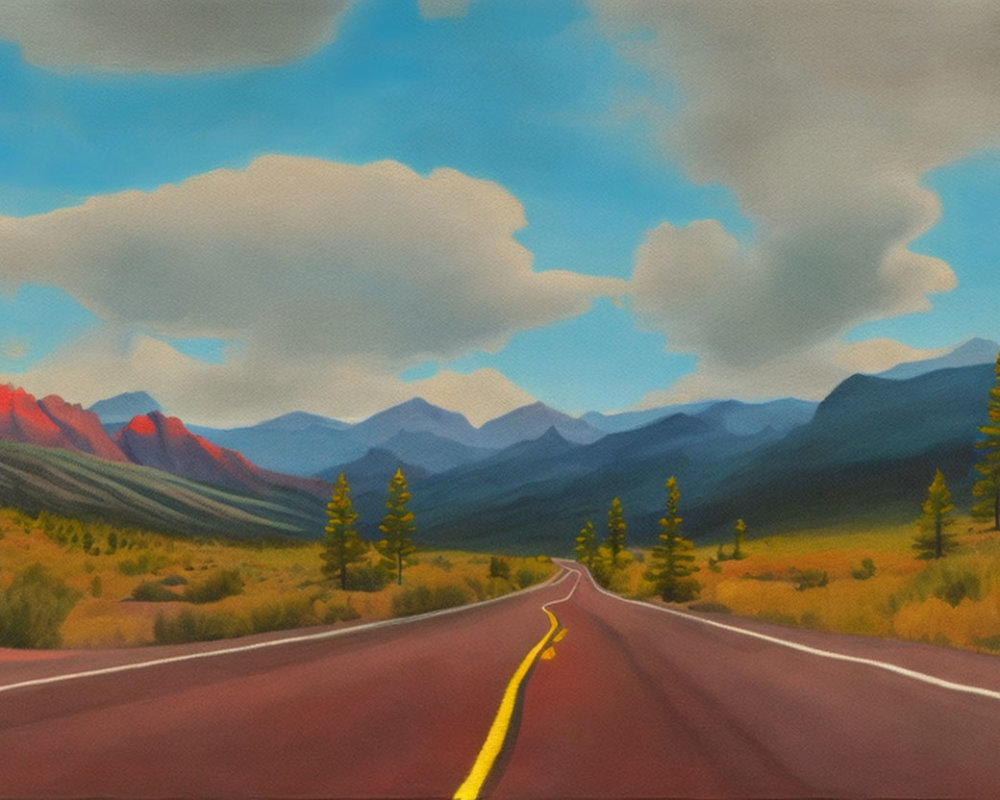 Scenic painting of long road through mountainous landscape