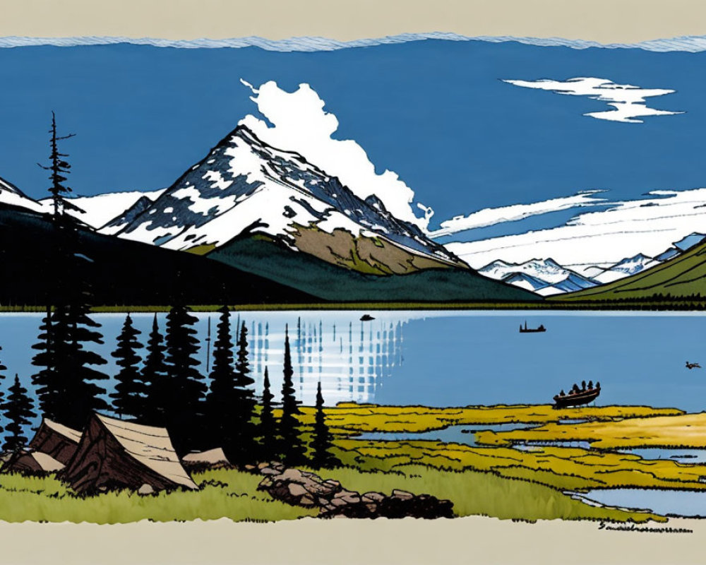 Stylized landscape illustration with snow-capped mountain, lake, tent, and canoes