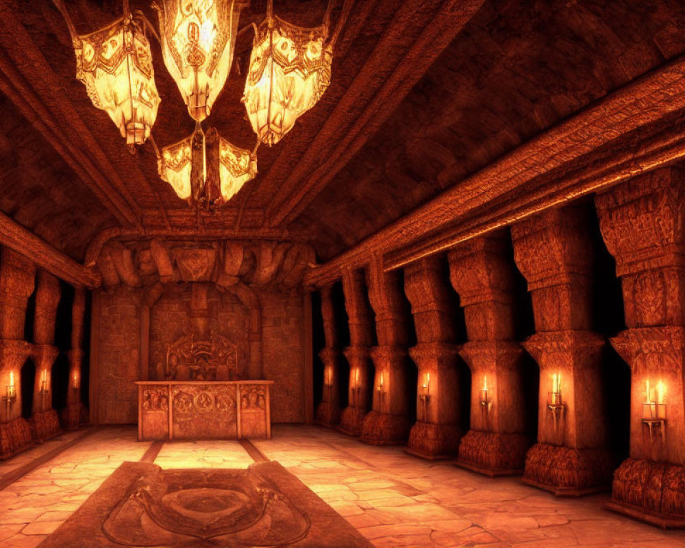 Intricate underground chamber with glowing torches and decorative altar