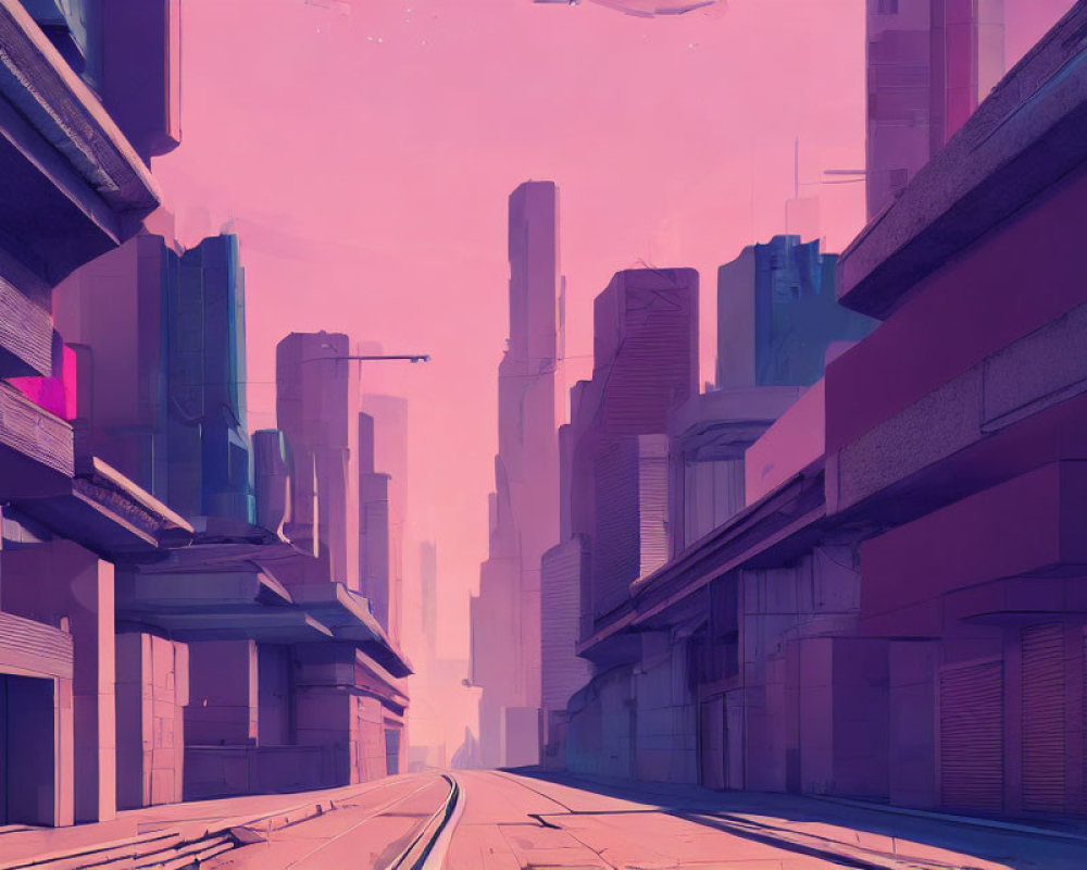 Futuristic cityscape with pink and violet hues, skyscrapers, monorail, ambient