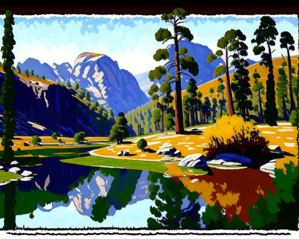 Colorful landscape painting with pine trees, mountains, lake, and reflections.