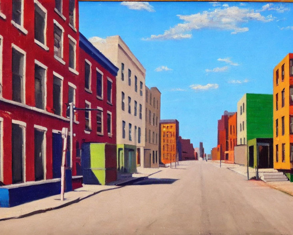 Vibrant buildings on empty street under clear blue sky