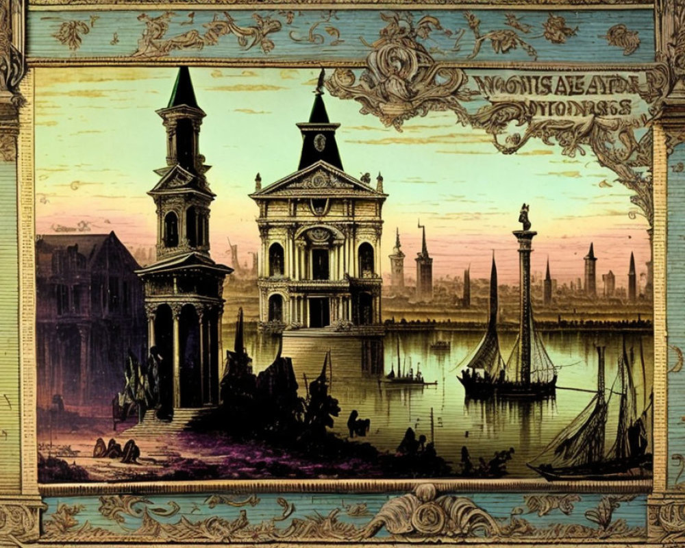 Classic waterfront scene with towers, central building, boats, and statue in vintage illustration