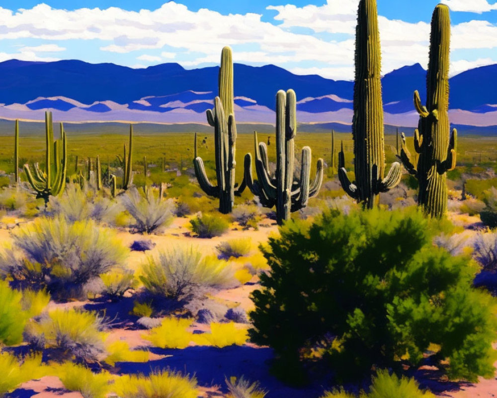 Desert landscape with tall cacti under blue sky