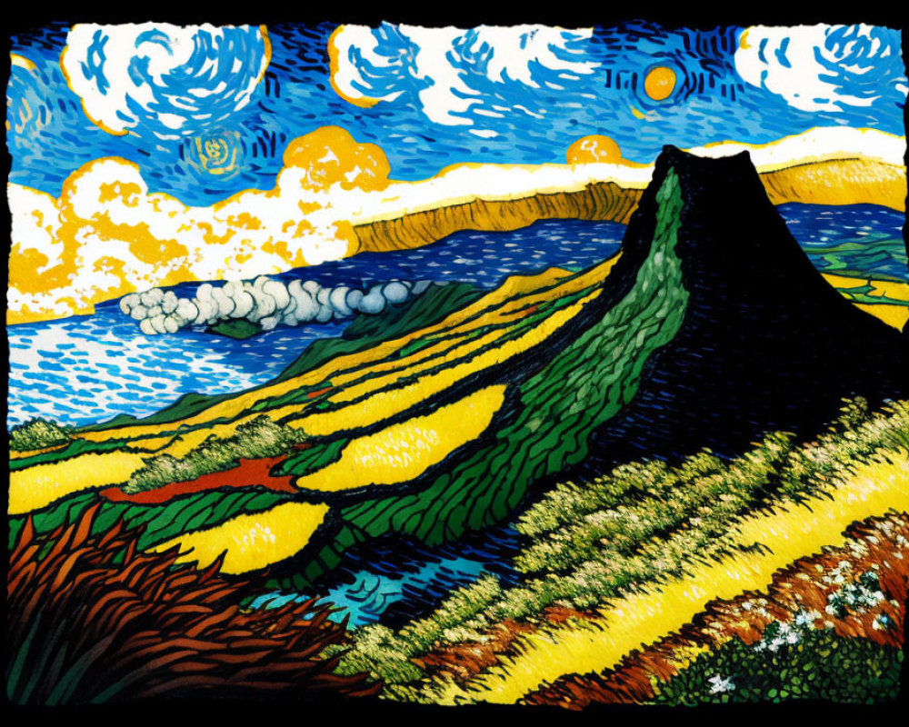 Colorful Van Gogh-style landscape with starry sky, green hill, and distant mountains