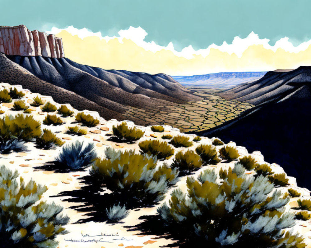 Illustrated desert landscape with rolling hills, cracked earth, cliffs, and blue sky.