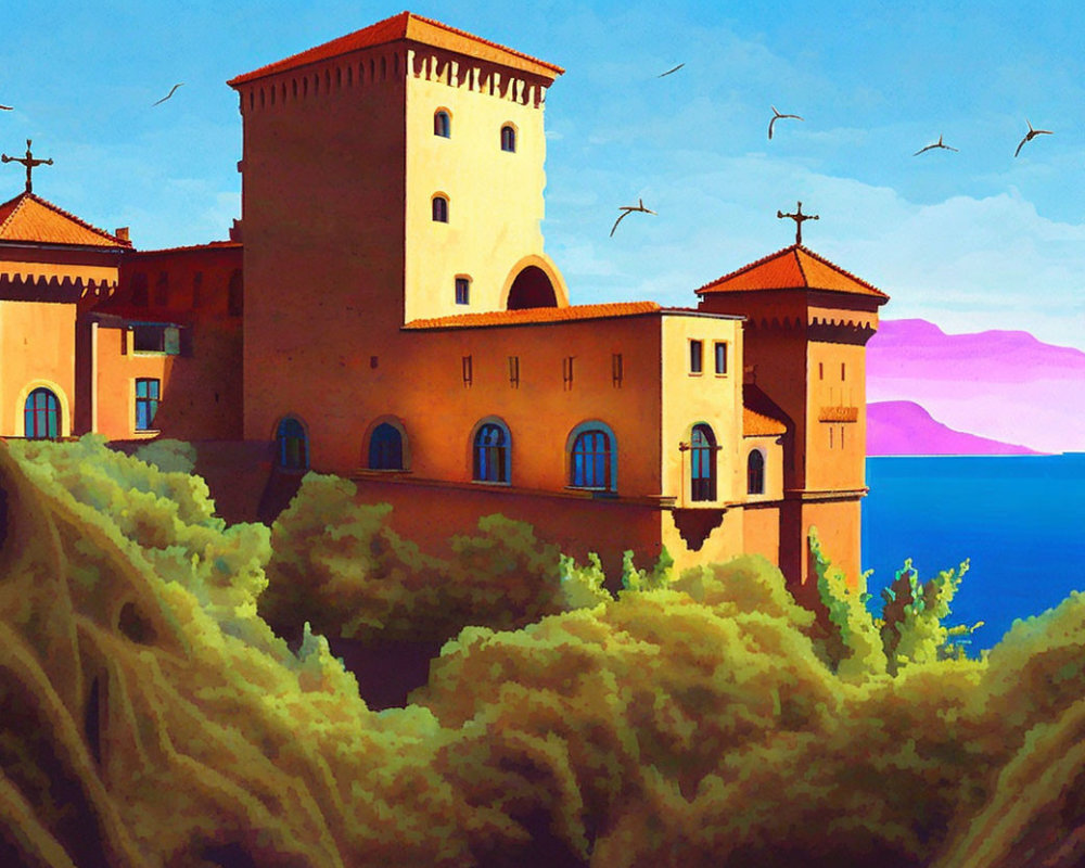 Vibrant digital painting: Mediterranean castle by the sea