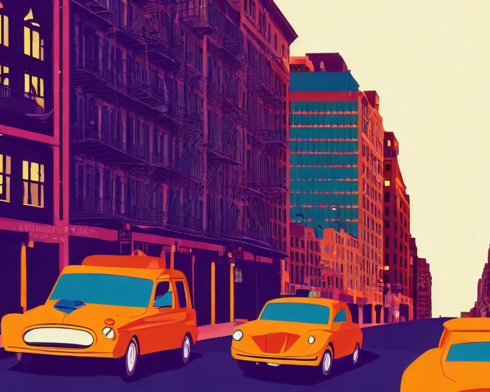 Vibrant cartoonish street scene with colorful taxis and buildings