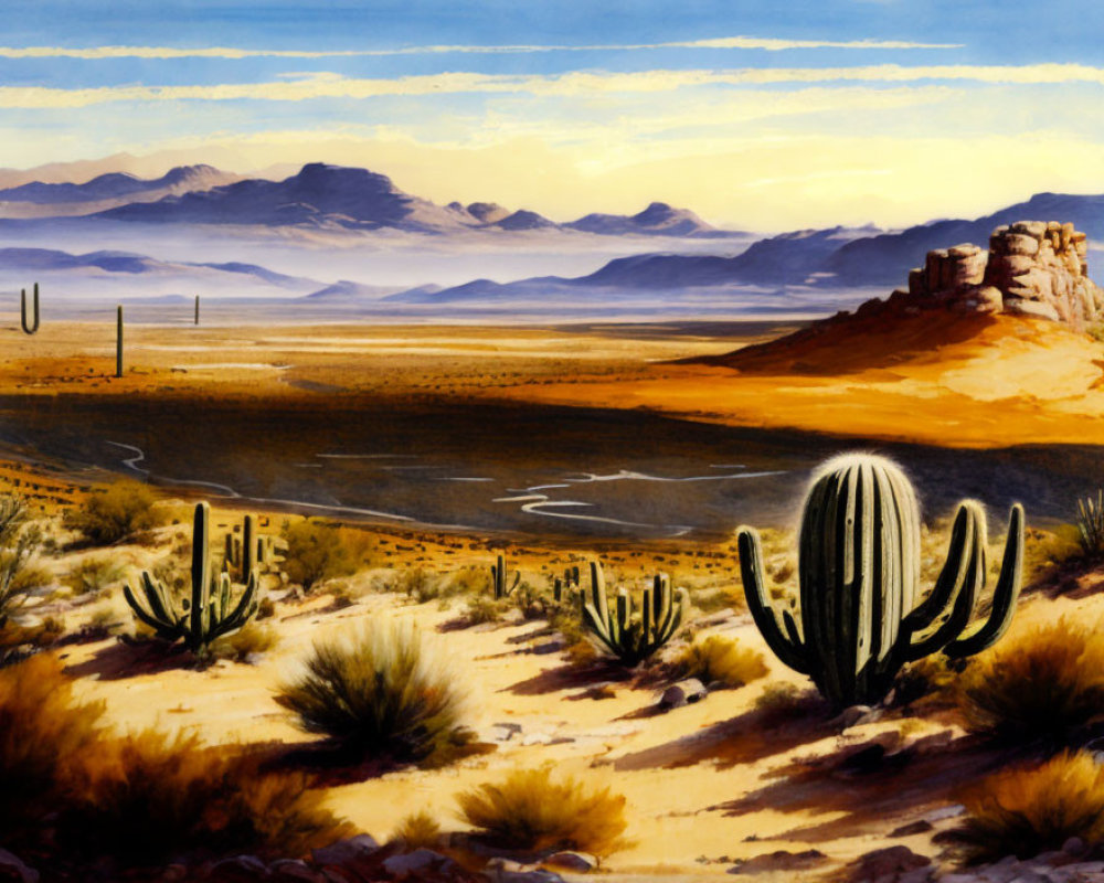 Vibrant desert landscape with cacti, plains, and mountain ridges