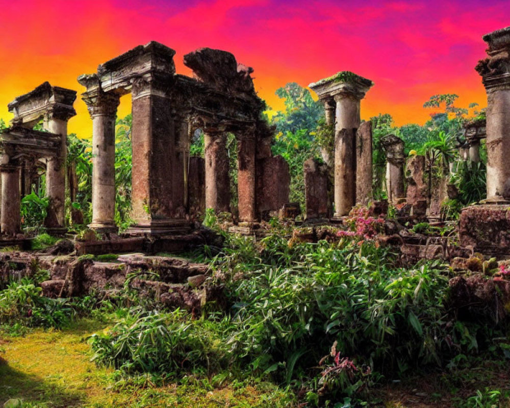 Ancient stone columns and arches in lush greenery at sunset