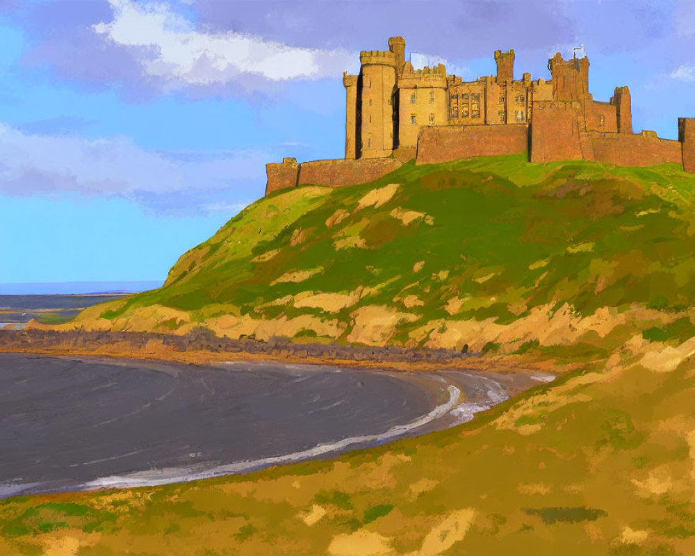 Historic castle on grassy hill overlooking curved shoreline