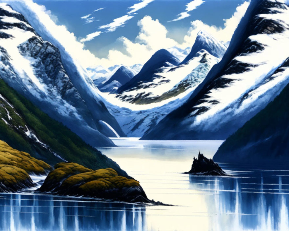 Tranquil landscape with snowy mountains and calm lake