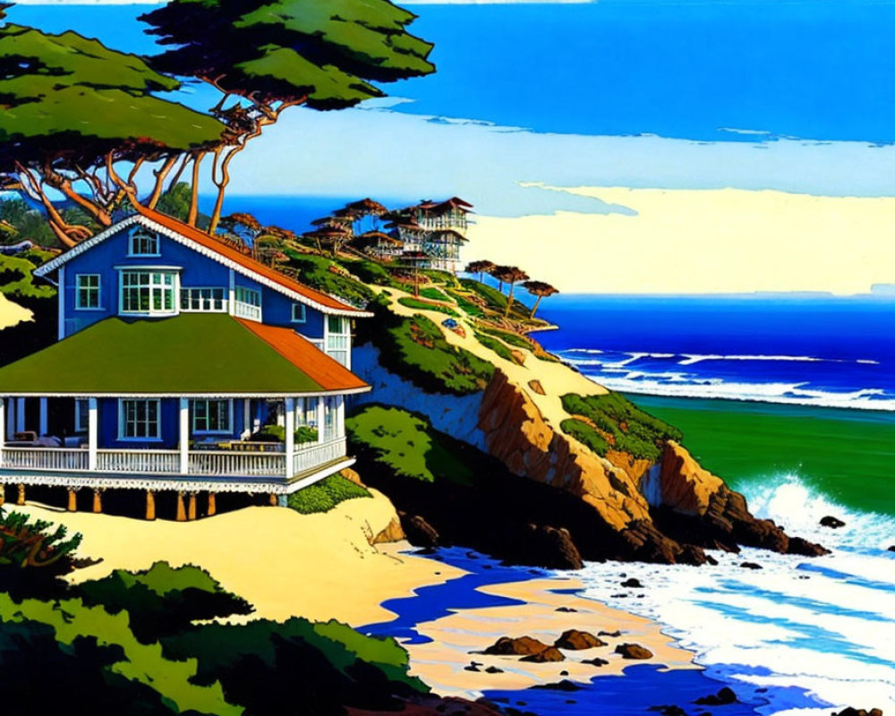 Coastal painting: Green-roofed house on cliff above beach