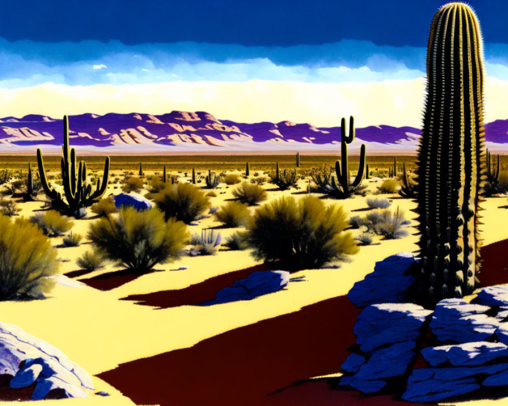 Colorful desert landscape with cacti, shrubs, sandy path, and mountains