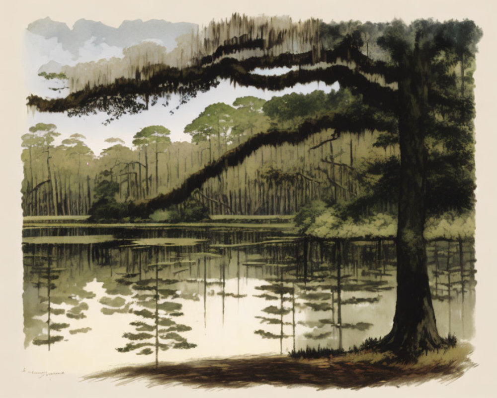 Tranquil tree painting by still lake with reflections