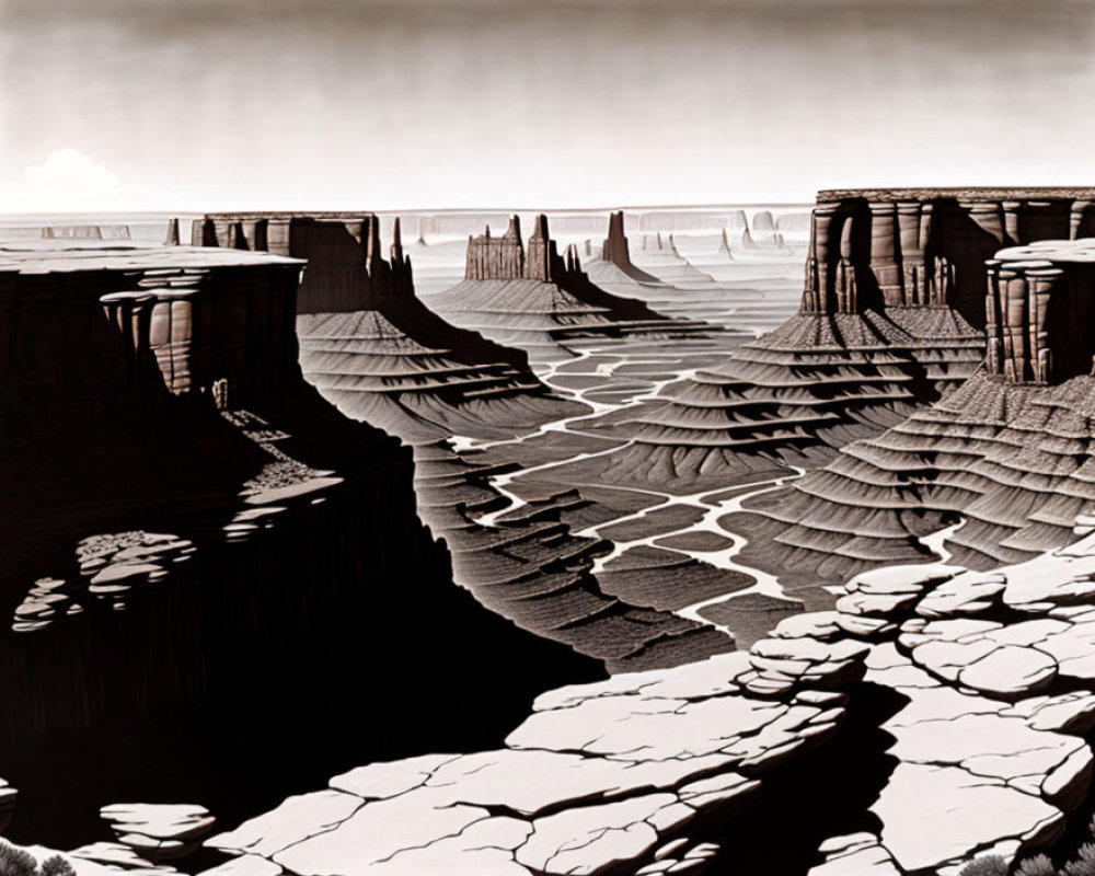 Monochrome desert landscape with mesas and intricate patterns