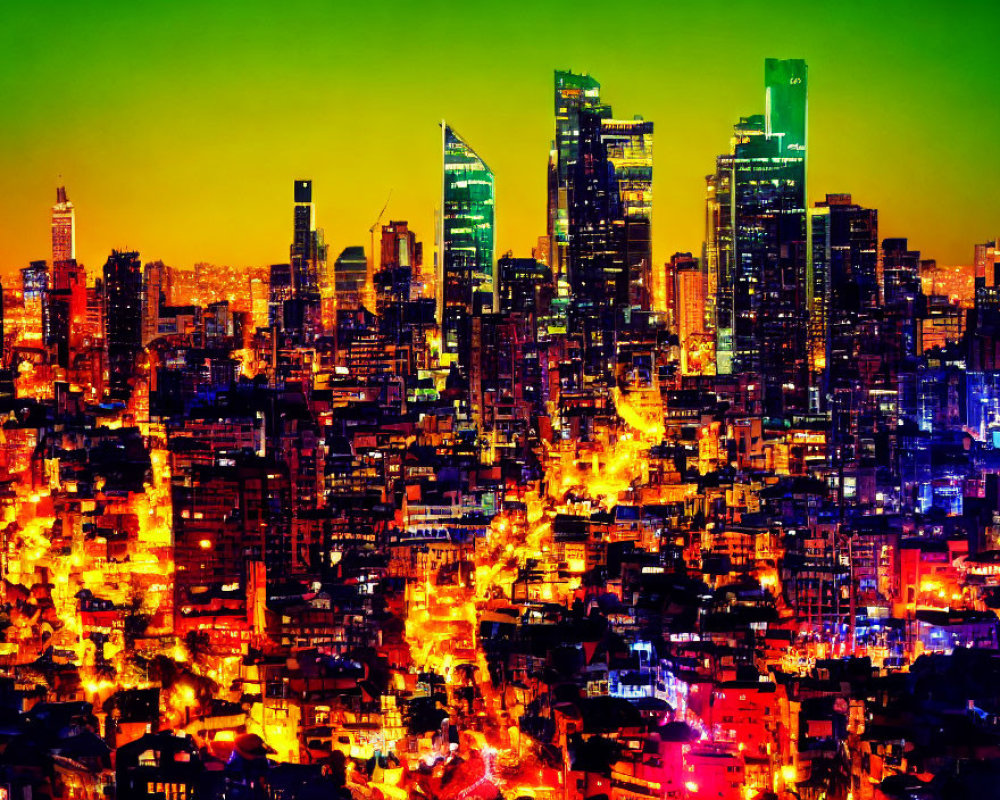 Neon-lit cityscape at night with dense skyscrapers in yellow to red hues