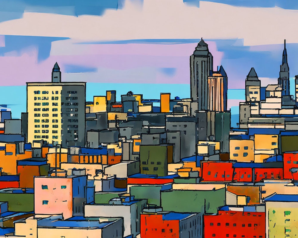 Colorful Cityscape Illustration with Bold Buildings and Blue Sky