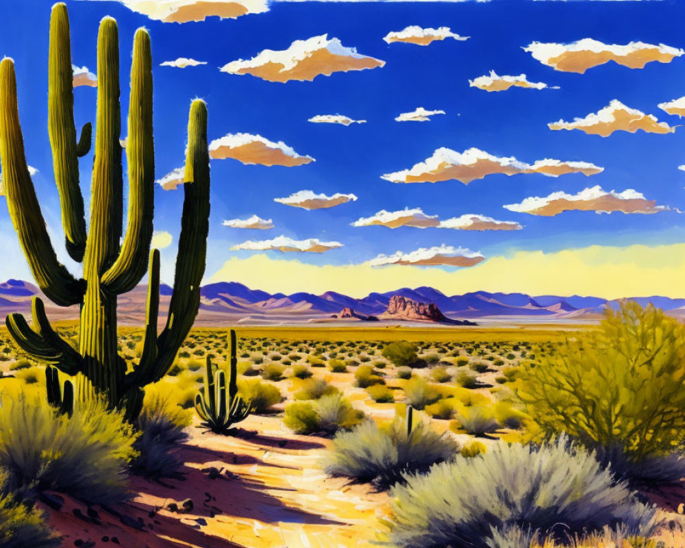 Colorful desert landscape with tall cactus, scattered vegetation, and mountain under blue sky.