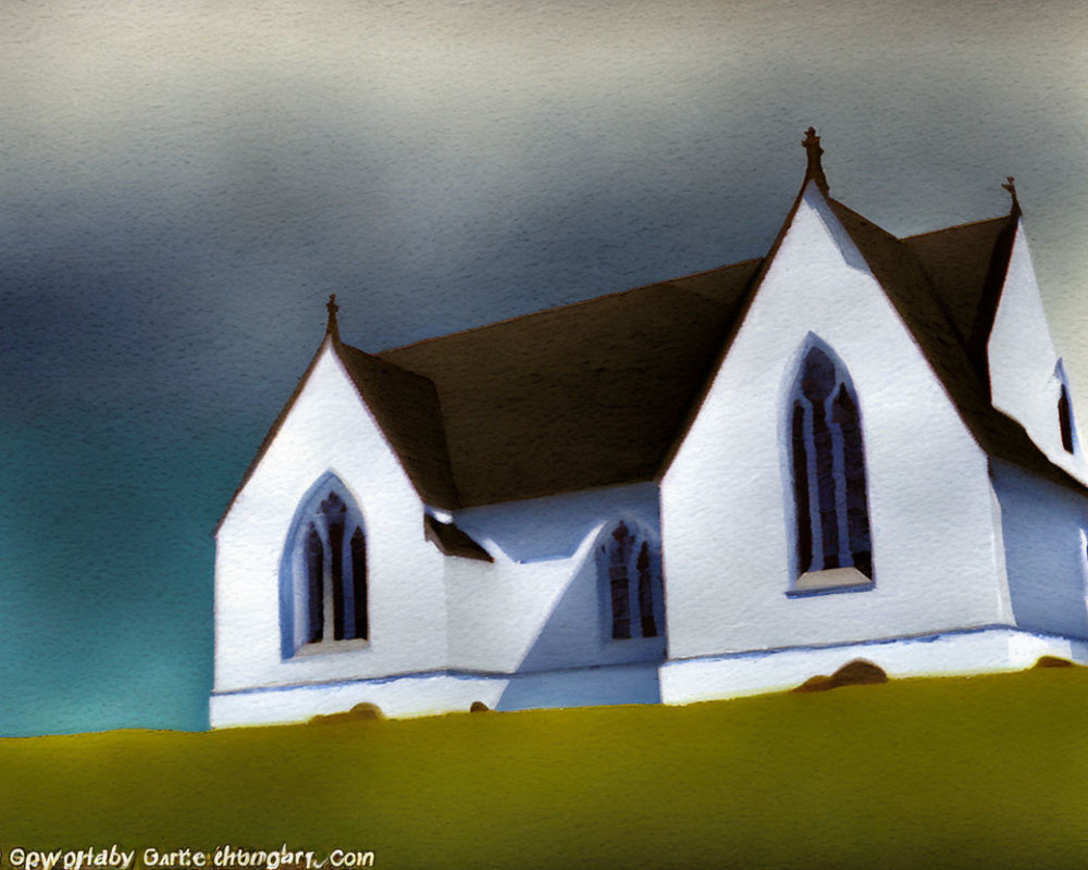 White Church with Pointed Arch Windows Against Darkening Sky: Textured Brushstroke Painting