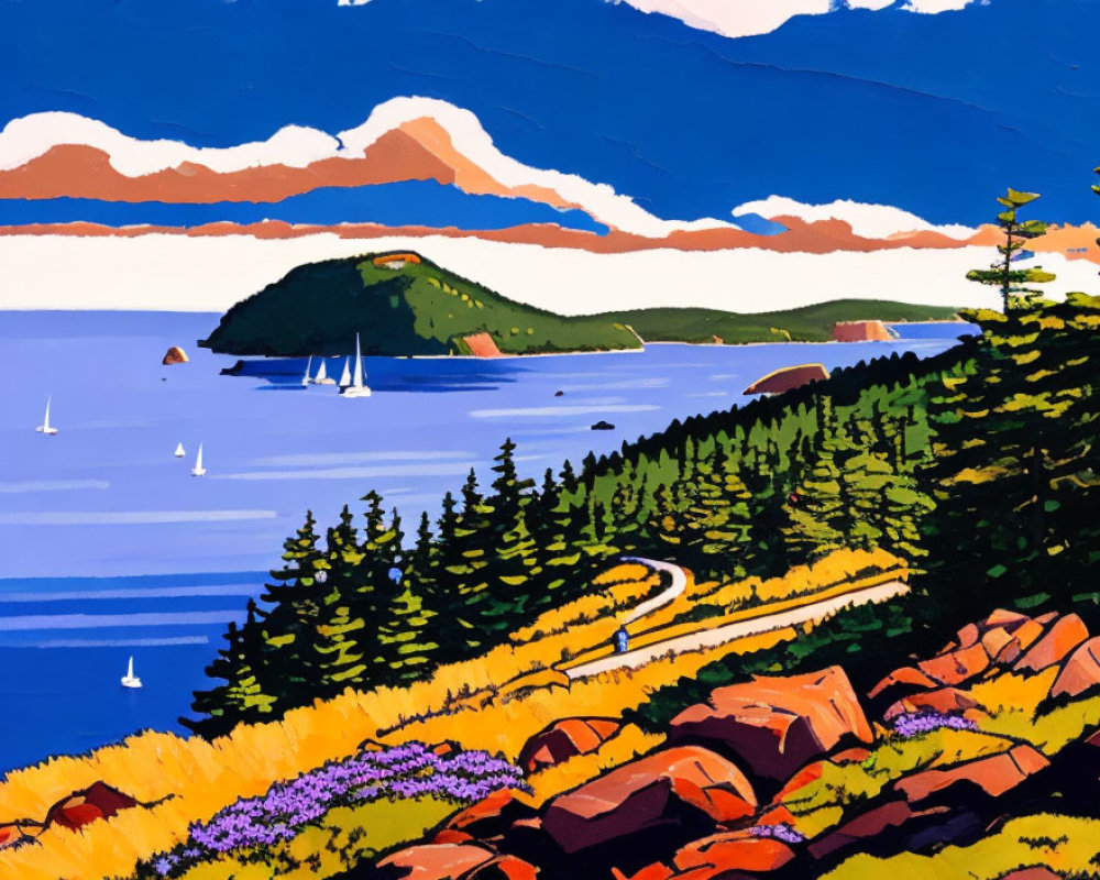 Vibrant coastal landscape with sailing boats, winding road, trees, and distant islands