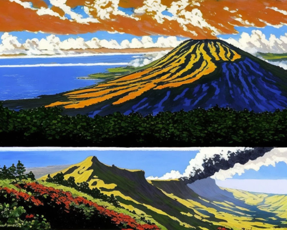 Colorful Triptych Painting of Volcanic Landscapes and Dynamic Skies