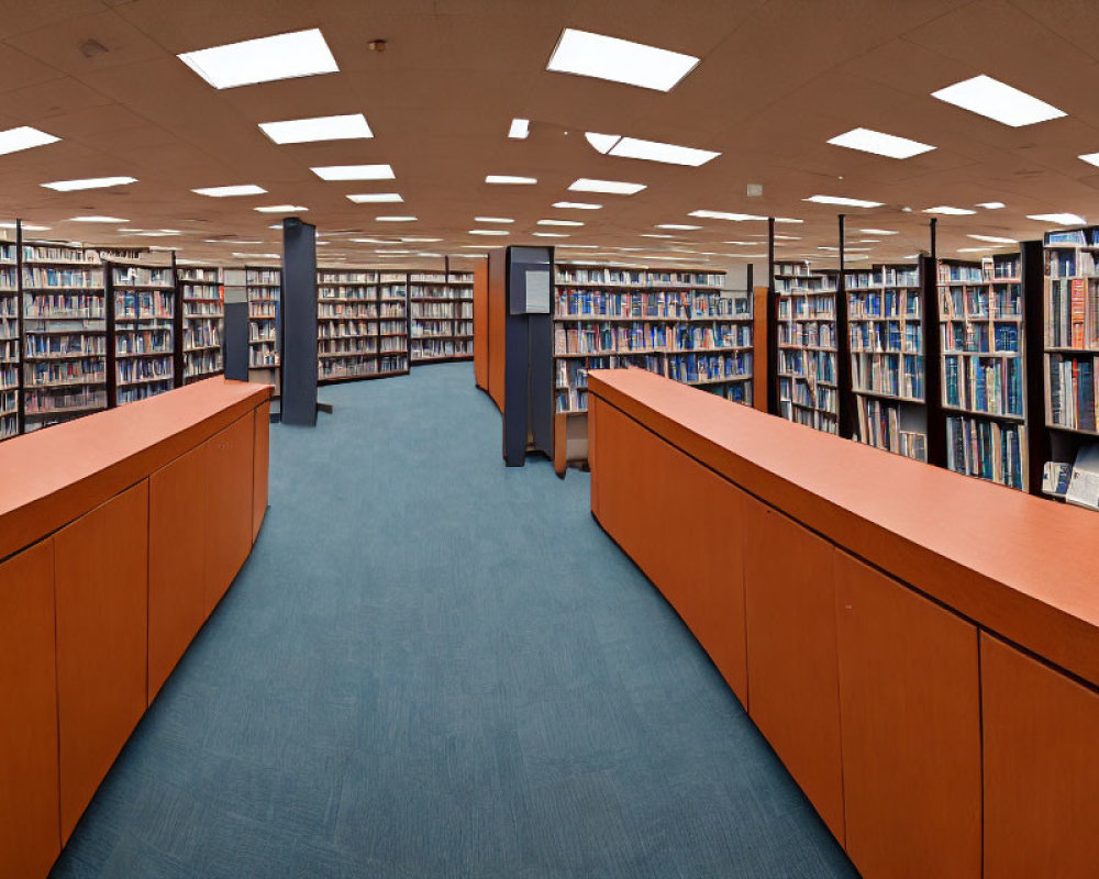 Spacious library with rows of bookshelves and study carrels