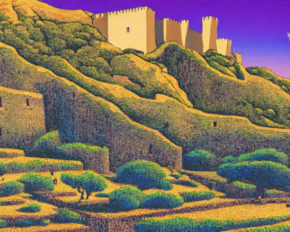 Colorful digital illustration of castle on lush hills under purple sky